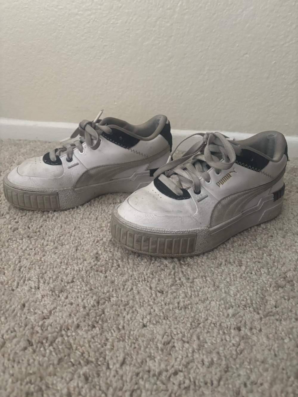 Puma White and Gray Platform Sneakers with Gold Logo